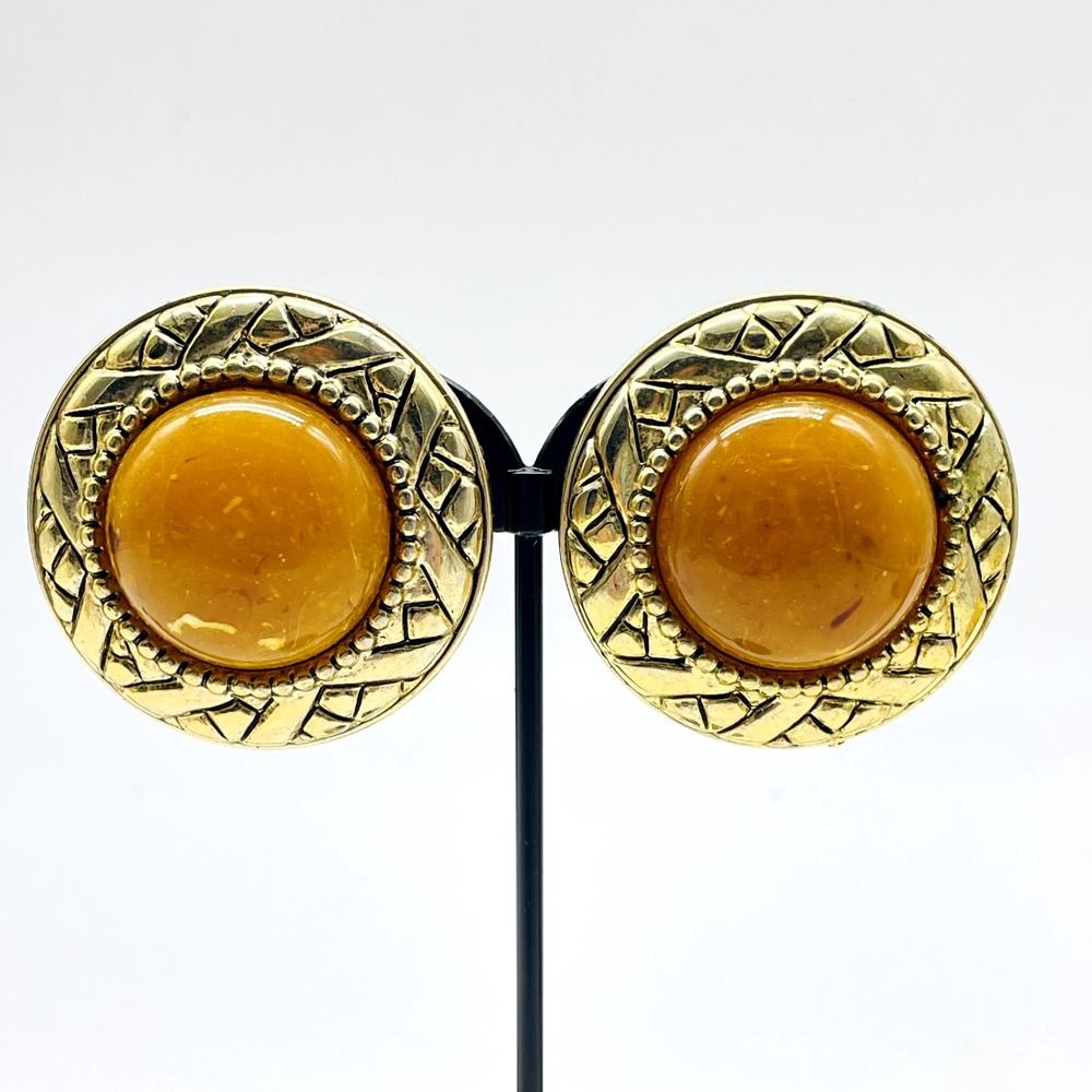 Vintage Butterscotch Cabochon Clip On Earrings Gold Tone Round Textured Retro